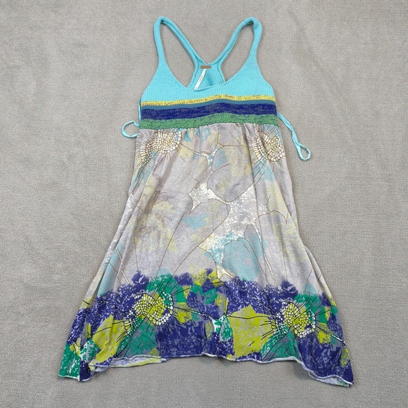 Free People Tank Dress Womens XS Turquoise Multi Floral Knit Mixed Media Boho — photo 2
